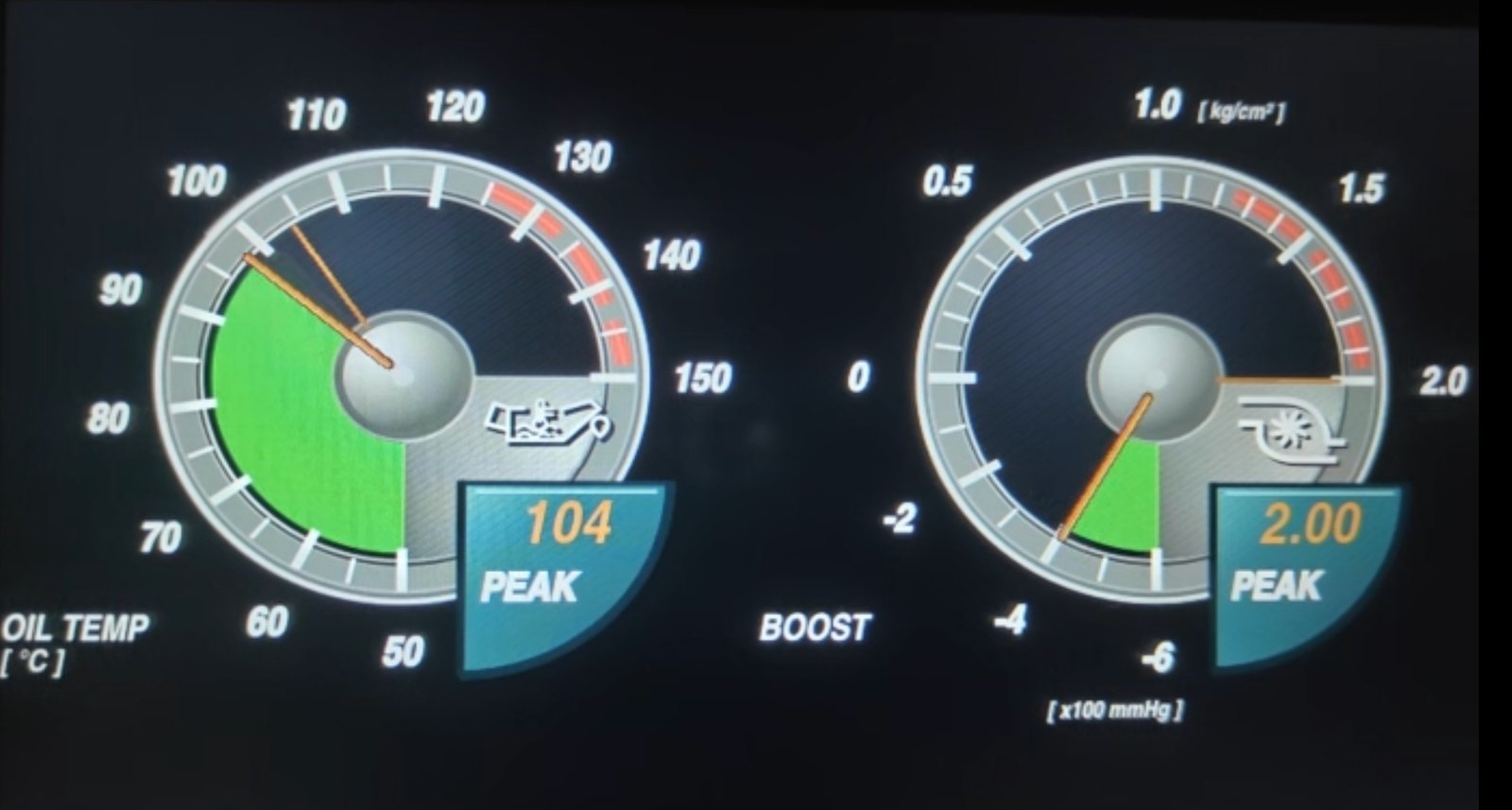 ADESS Nissan Skyline R34 MFD Twin Gauge showing oil temperature and boost